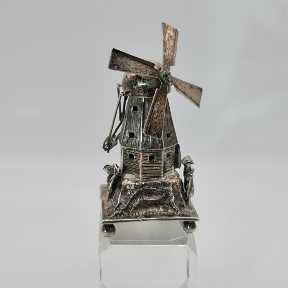 Large & Impressive Dutch Silver Miniature Windmill with Revolving Top Section and Blades  Dated c1888
