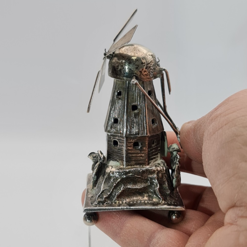 Large & Impressive Dutch Silver Miniature Windmill with Revolving Top Section and Blades  Dated c1888 View IV
