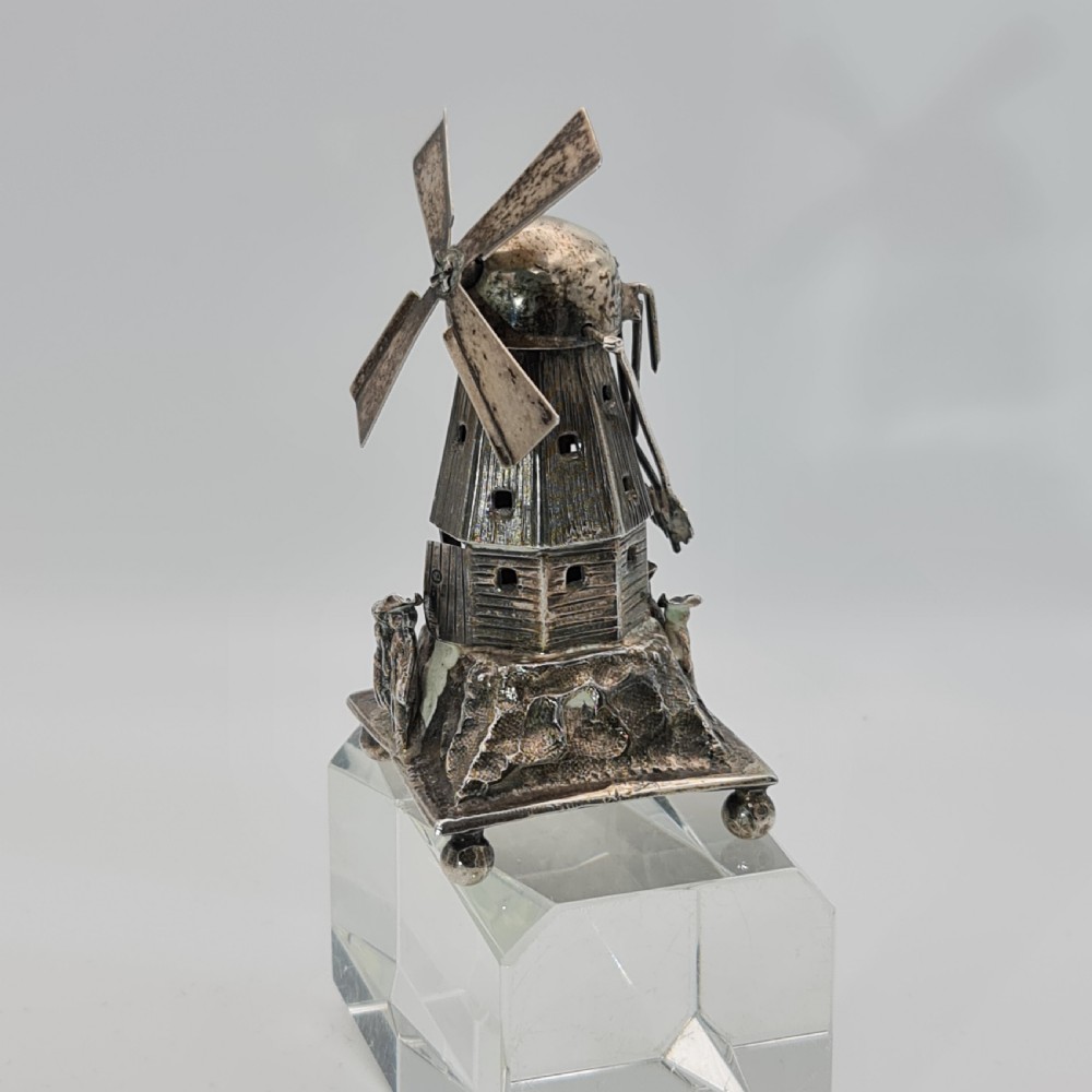 Large & Impressive Dutch Silver Miniature Windmill with Revolving Top Section and Blades  Dated c1888 View V