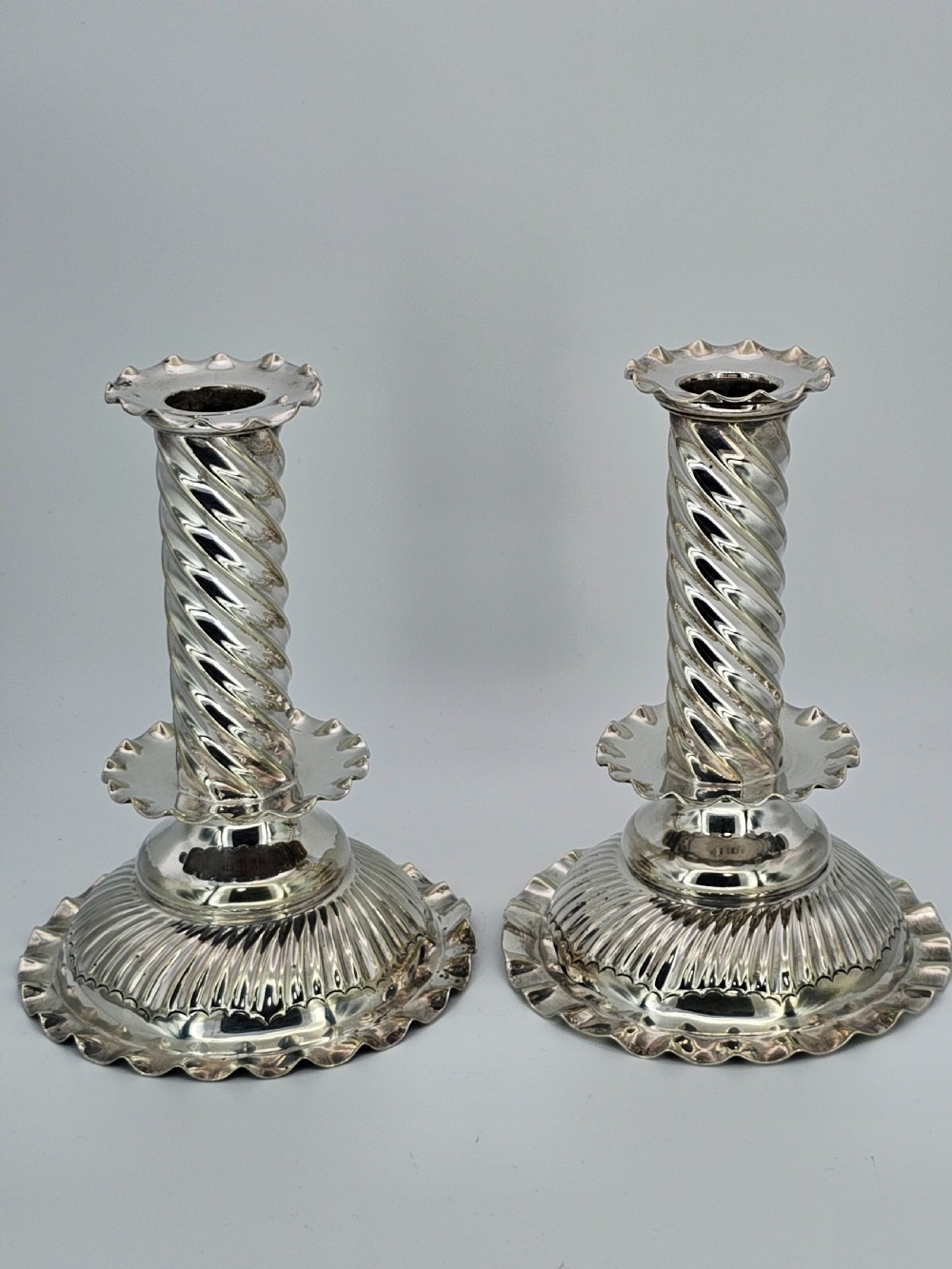Rare Pair of 16thc/17thc Capstan Style SP Wrythen Candlesticks by Richard Hodd c1880
