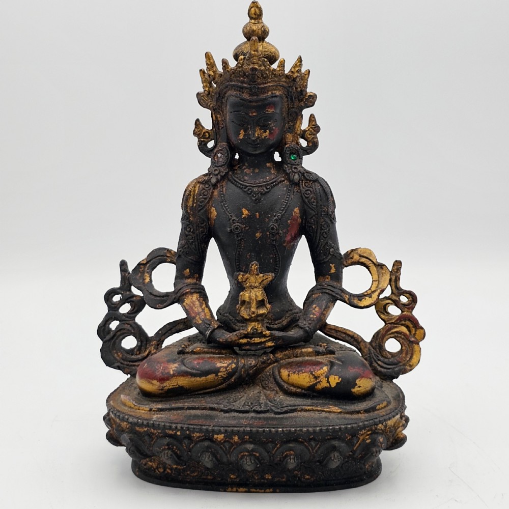 Antique Tibetan Sino Bronze Buddha with Remnants of Gilt & Copper Patina