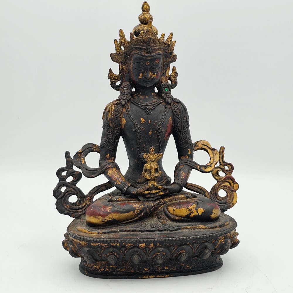 Antique Tibetan Sino Bronze Buddha with Remnants of Gilt & Copper Patina View V