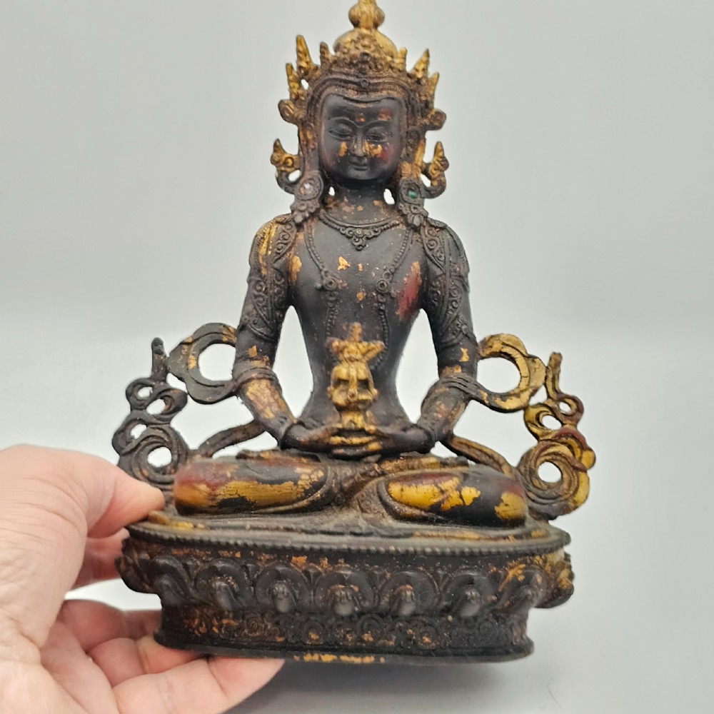 Antique Tibetan Sino Bronze Buddha with Remnants of Gilt & Copper Patina View VII