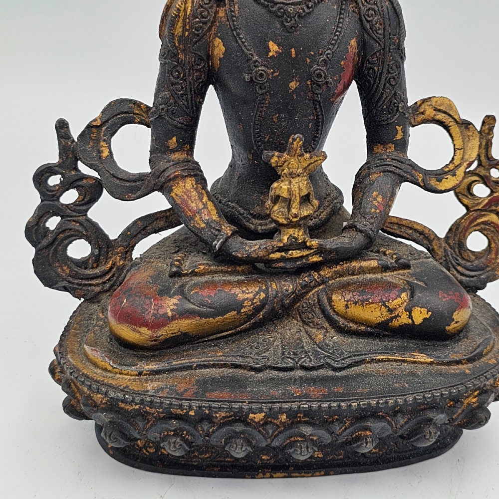 Antique Tibetan Sino Bronze Buddha with Remnants of Gilt & Copper Patina View IX