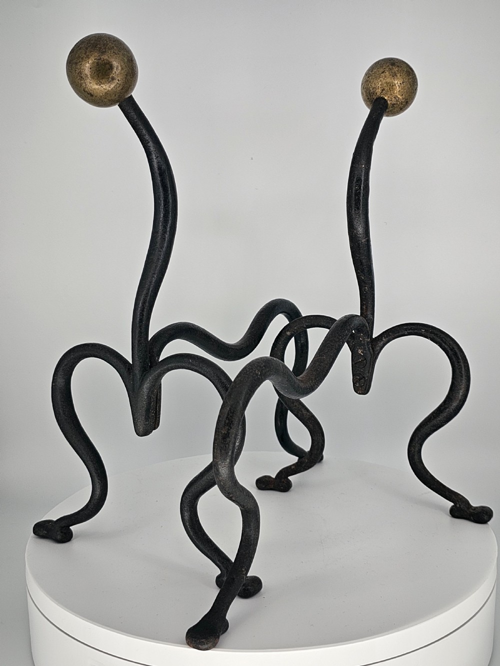 Elegant Pair of Arts and Crafts Brass and Iron Andirons or Fire Dogs c1900 View XIII