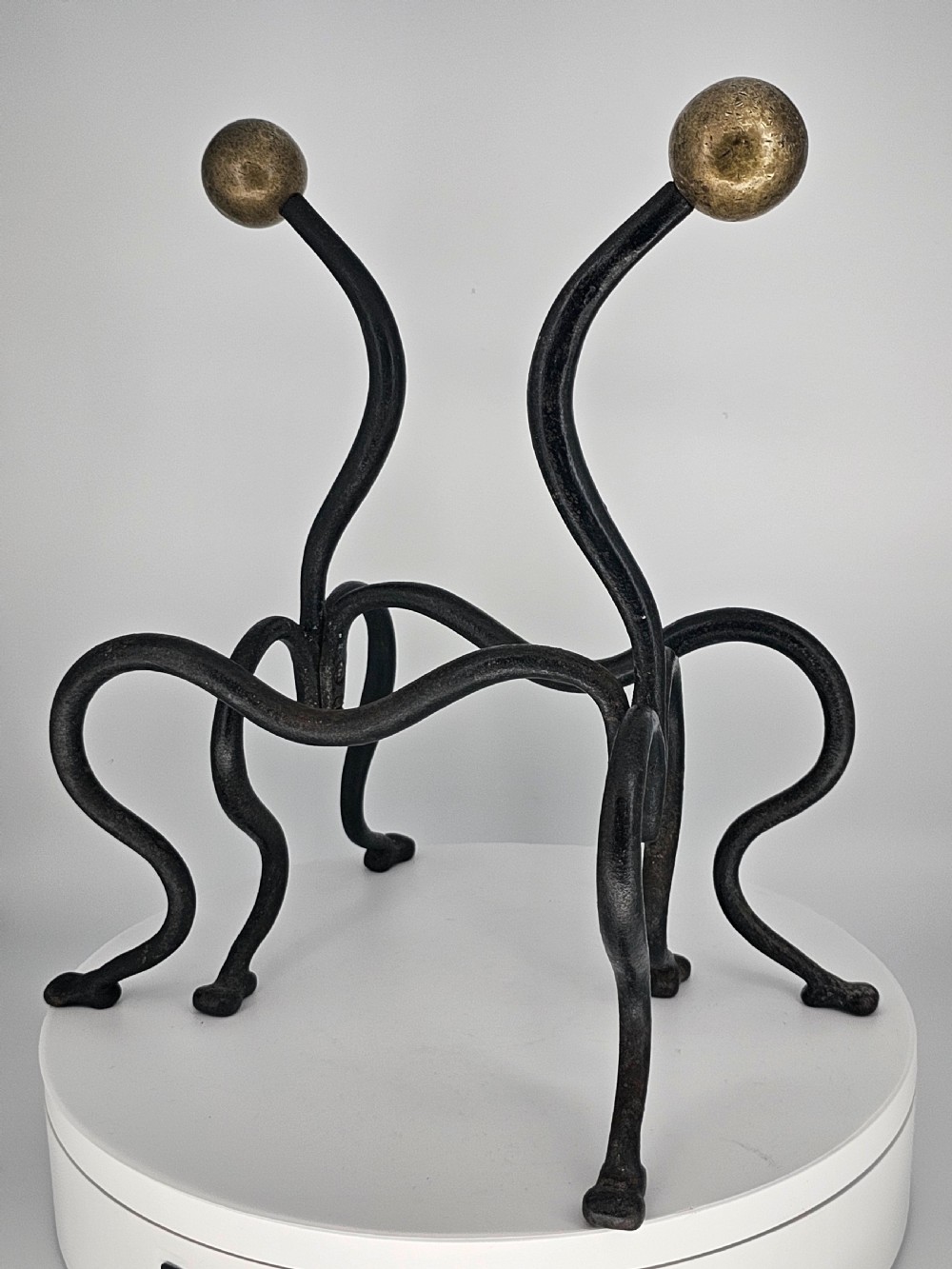 Elegant Pair of Arts and Crafts Brass and Iron Andirons or Fire Dogs c1900 View III