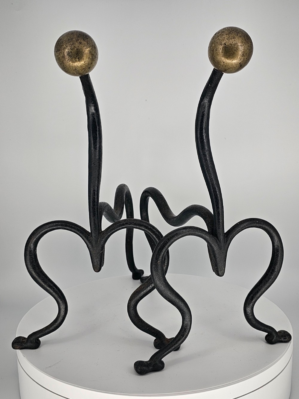 Elegant Pair of Arts and Crafts Brass and Iron Andirons or Fire Dogs c1900 View V
