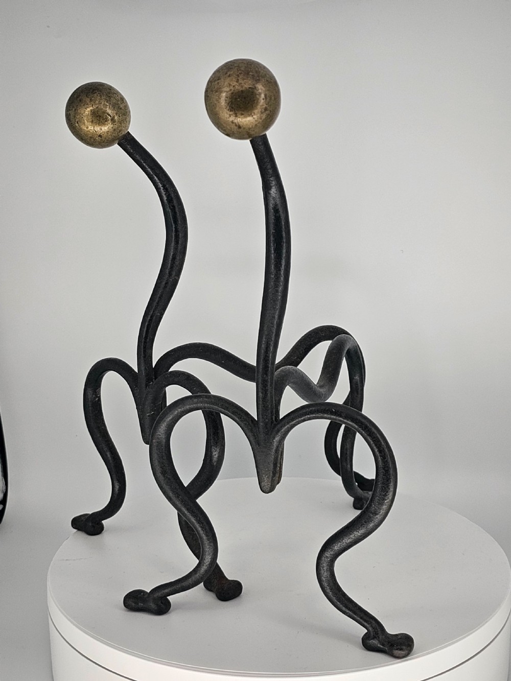 Elegant Pair of Arts and Crafts Brass and Iron Andirons or Fire Dogs c1900 View VI