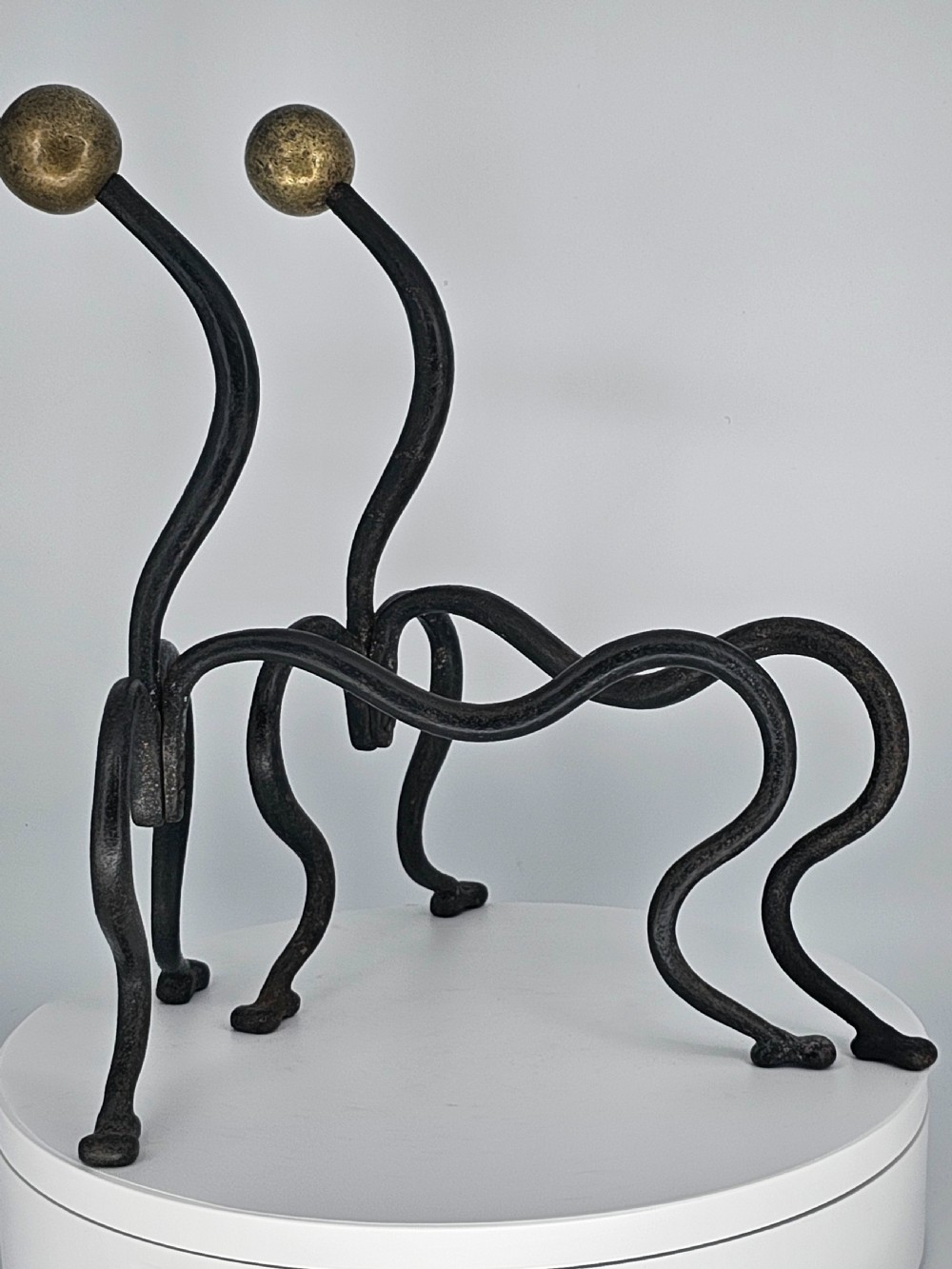 Elegant Pair of Arts and Crafts Brass and Iron Andirons or Fire Dogs c1900 View VII