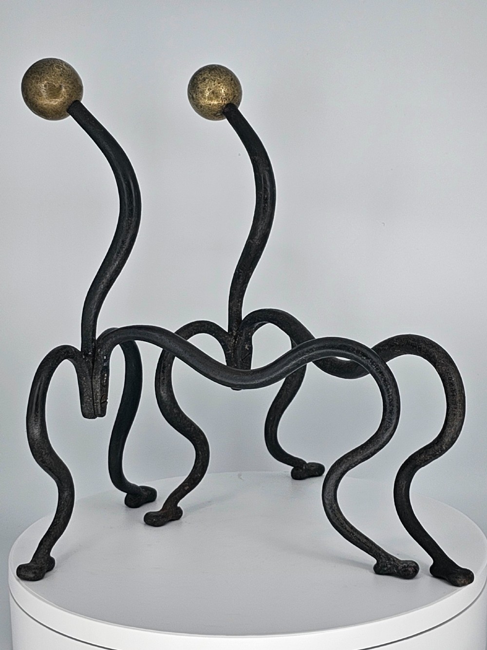 Elegant Pair of Arts and Crafts Brass and Iron Andirons or Fire Dogs c1900 View VIII