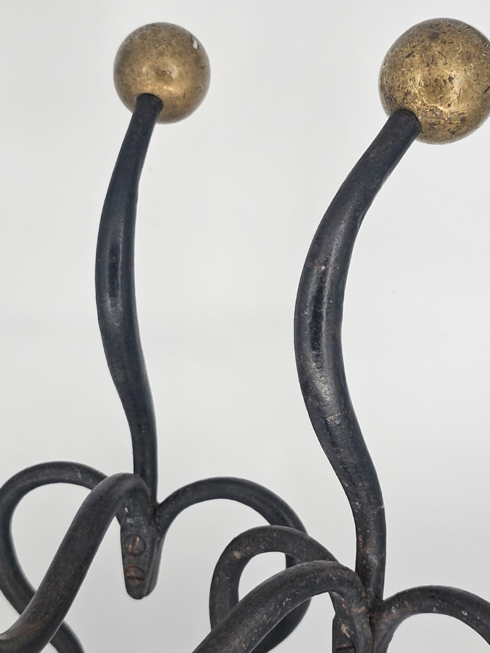 Elegant Pair of Arts and Crafts Brass and Iron Andirons or Fire Dogs c1900 View X