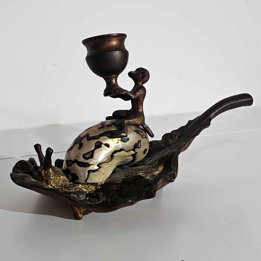 Fabulous Grand Tour Gilt Metal & Shell Monkey & Snail Shaped Chamber-stick c1850