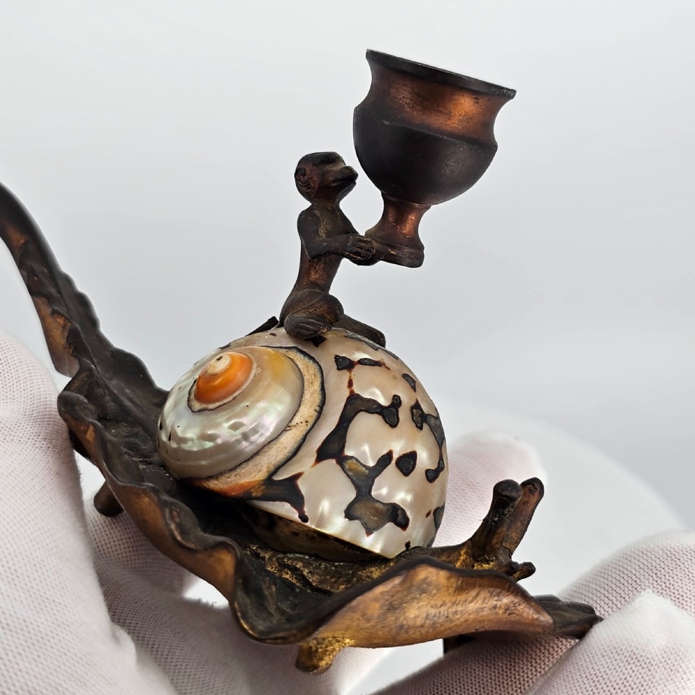 Fabulous Grand Tour Gilt Metal & Shell Monkey & Snail Shaped Chamber-stick c1850 View V