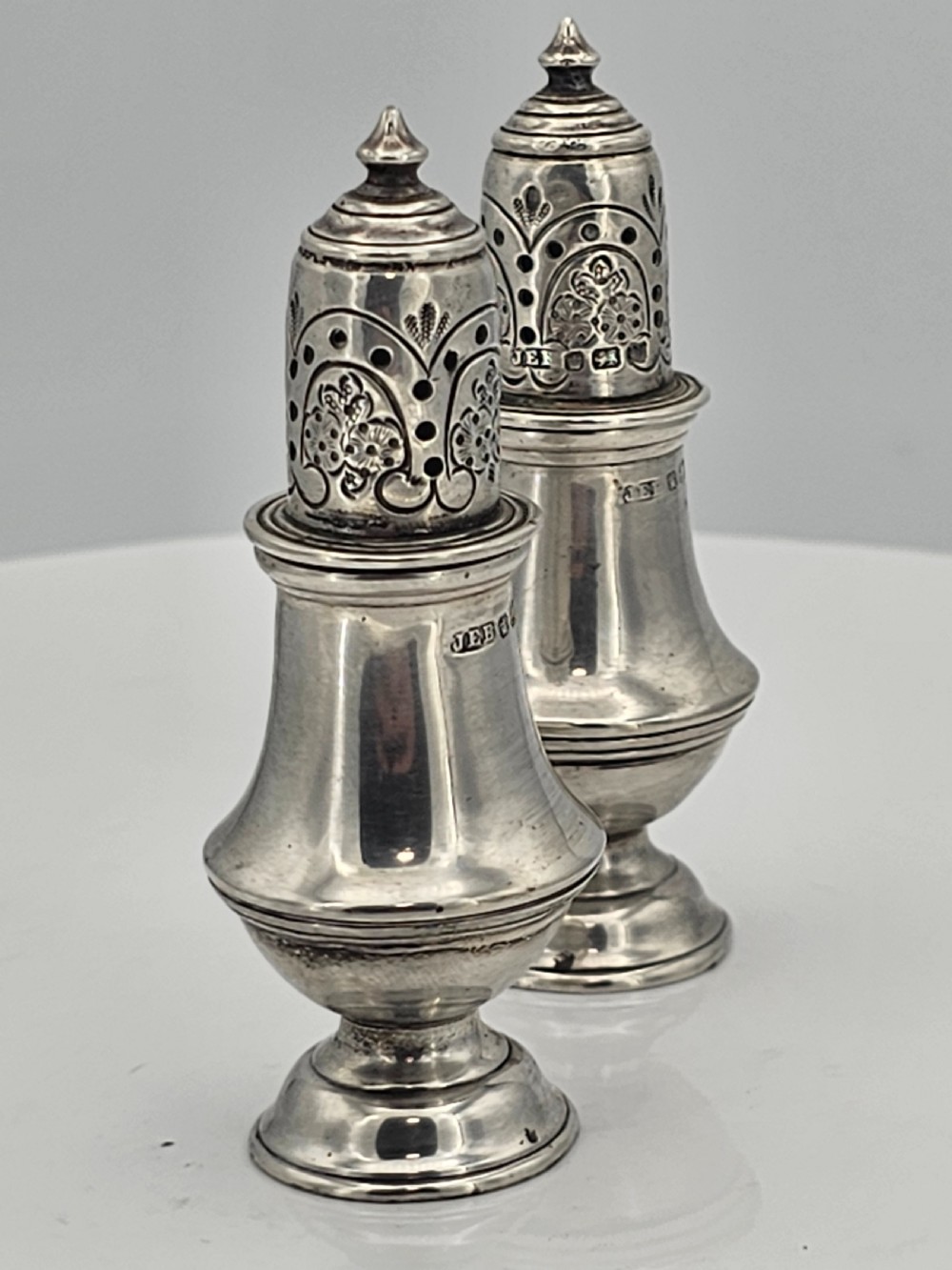 Delightful Pair of Silver Peppers Walker & Hall by John Edward Bingham 19thc