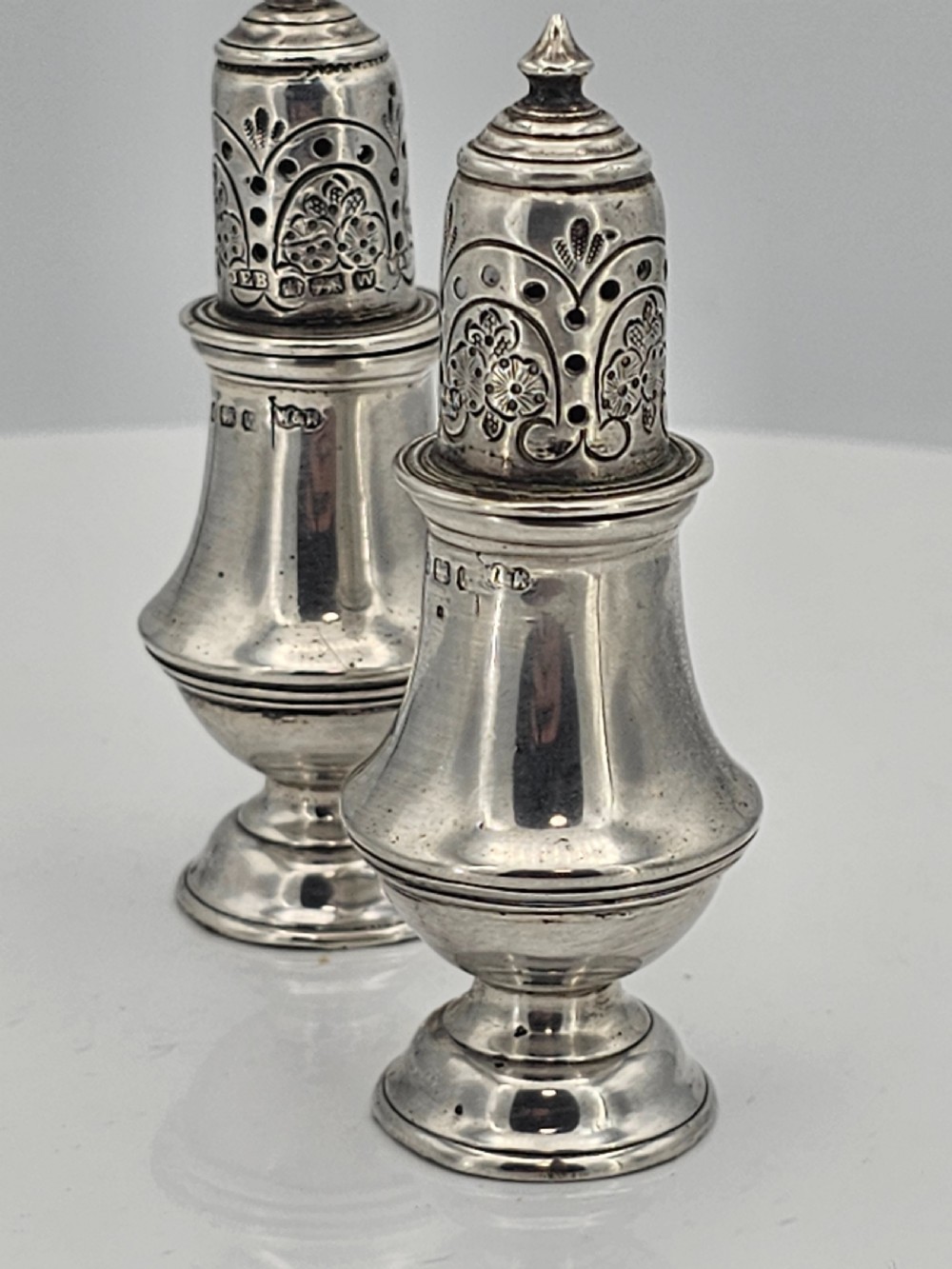 Delightful Pair of Silver Peppers Walker & Hall by John Edward Bingham 19thc View II