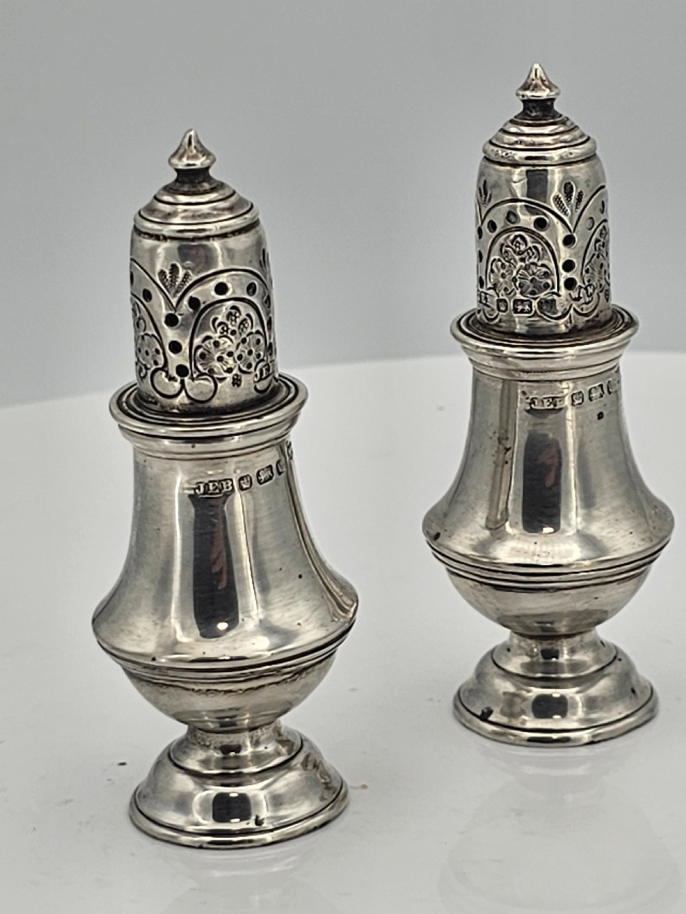 Delightful Pair of Silver Peppers Walker & Hall by John Edward Bingham 19thc View IV