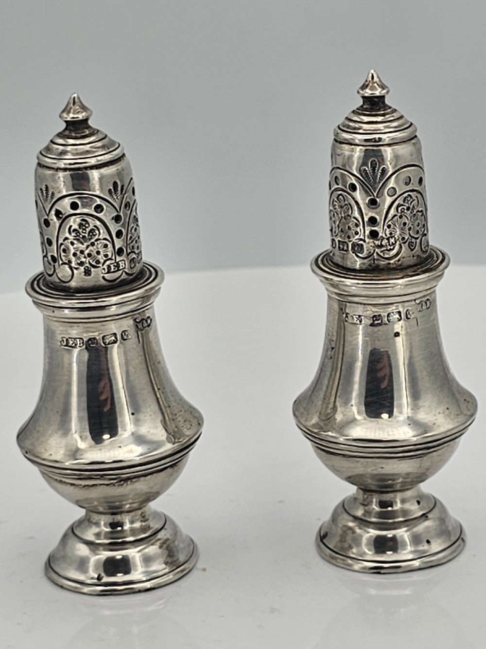 Delightful Pair of Silver Peppers Walker & Hall by John Edward Bingham 19thc View V