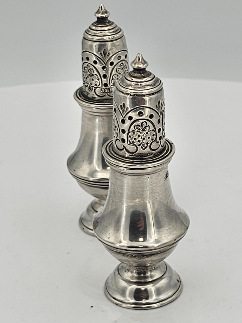 Delightful Pair of Silver Peppers Walker & Hall by John Edward Bingham 19thc View VII