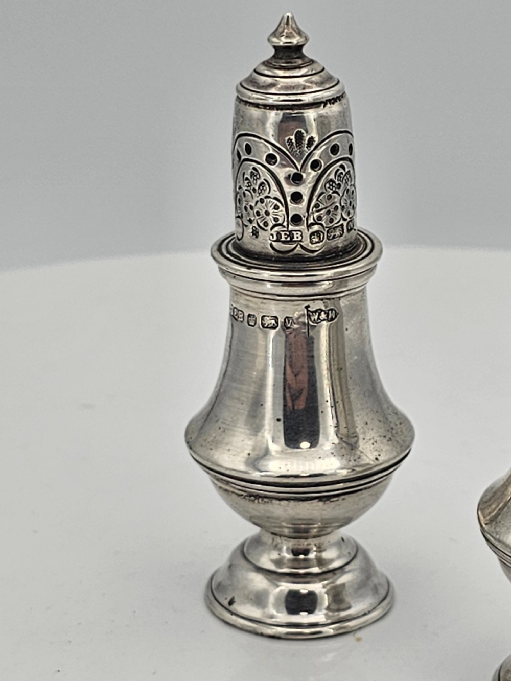Delightful Pair of Silver Peppers Walker & Hall by John Edward Bingham 19thc View IX
