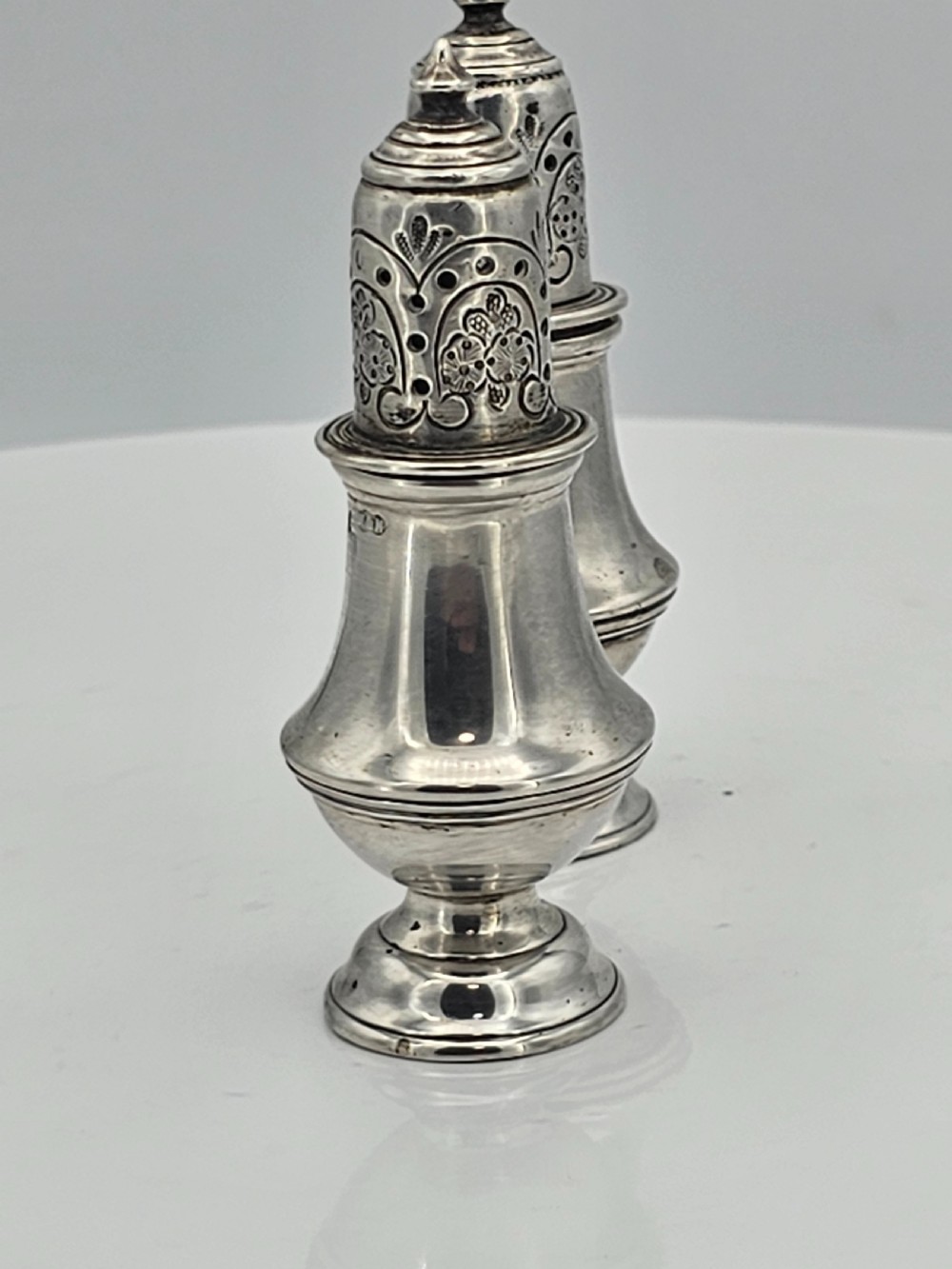 Delightful Pair of Silver Peppers Walker & Hall by John Edward Bingham 19thc View X