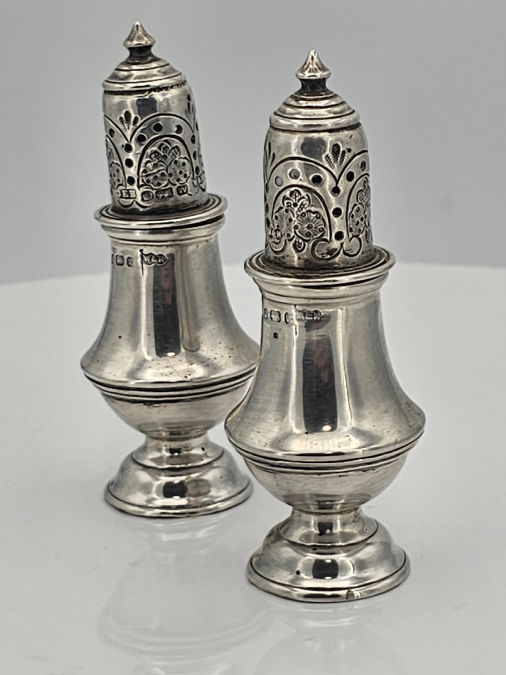 Delightful Pair of Silver Peppers Walker & Hall by John Edward Bingham 19thc View XI