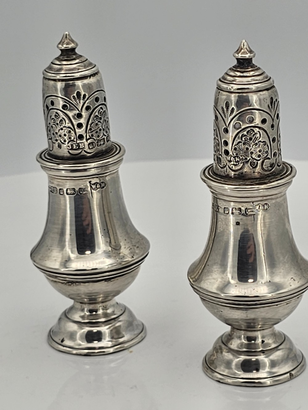 Delightful Pair of Silver Peppers Walker & Hall by John Edward Bingham 19thc View XIII