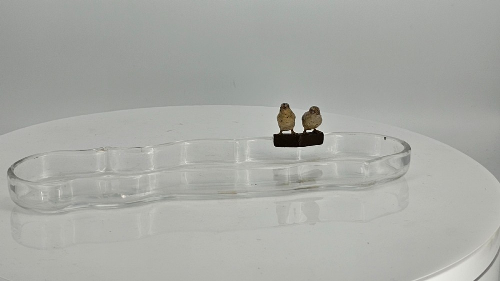 Unusual and Exquisite Cold Painted Bronze Chicks on Crystal Glass Pen Tray c1900