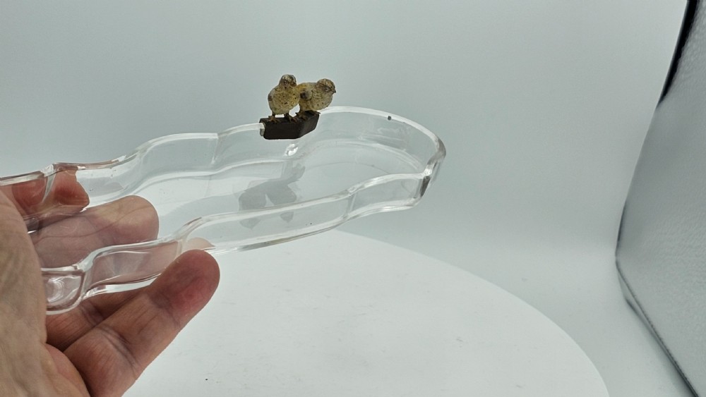 Unusual and Exquisite Cold Painted Bronze Chicks on Crystal Glass Pen Tray c1900 View II