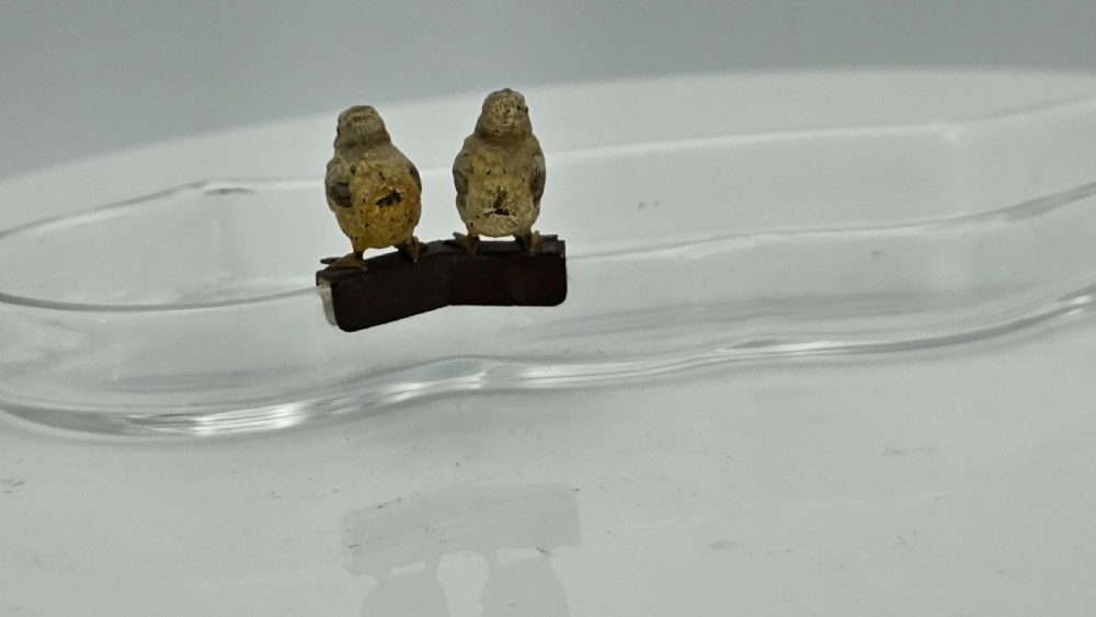 Unusual and Exquisite Cold Painted Bronze Chicks on Crystal Glass Pen Tray c1900 View III