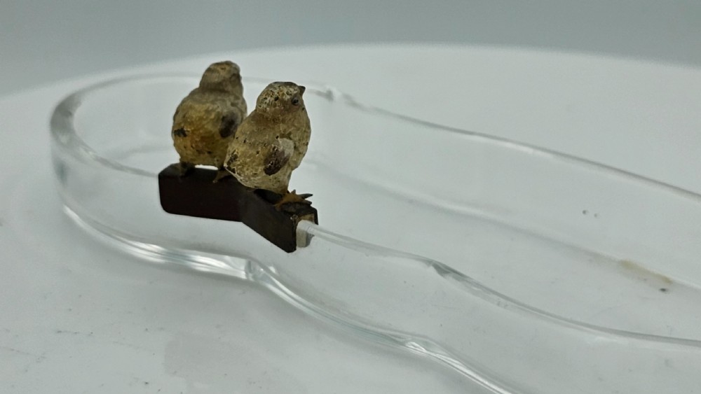 Unusual and Exquisite Cold Painted Bronze Chicks on Crystal Glass Pen Tray c1900 View IV