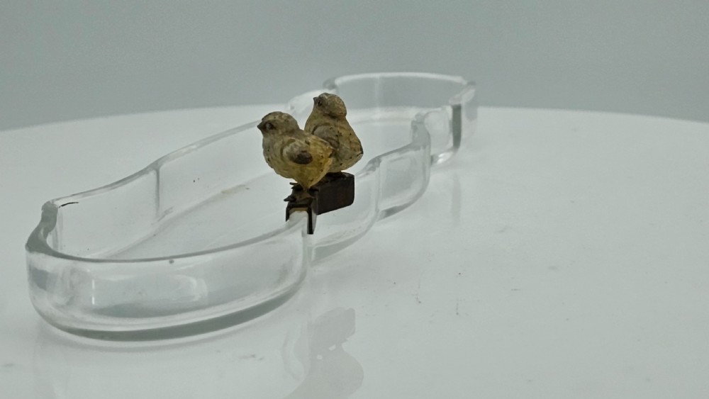 Unusual and Exquisite Cold Painted Bronze Chicks on Crystal Glass Pen Tray c1900 View VIII