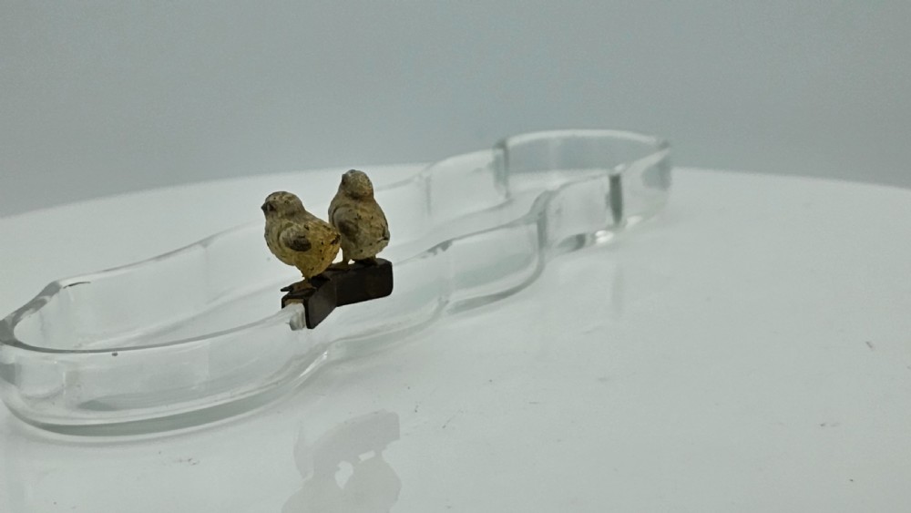 Unusual and Exquisite Cold Painted Bronze Chicks on Crystal Glass Pen Tray c1900 View IX