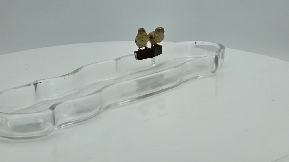 Unusual and Exquisite Cold Painted Bronze Chicks on Crystal Glass Pen Tray c1900 View XI