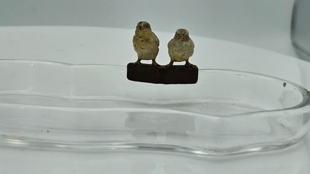 Unusual and Exquisite Cold Painted Bronze Chicks on Crystal Glass Pen Tray c1900 View XII