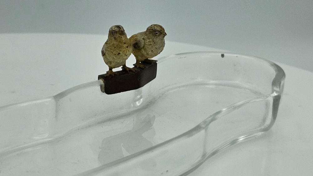 Unusual and Exquisite Cold Painted Bronze Chicks on Crystal Glass Pen Tray c1900 View XV