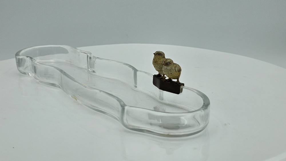Unusual and Exquisite Cold Painted Bronze Chicks on Crystal Glass Pen Tray c1900 View XVI