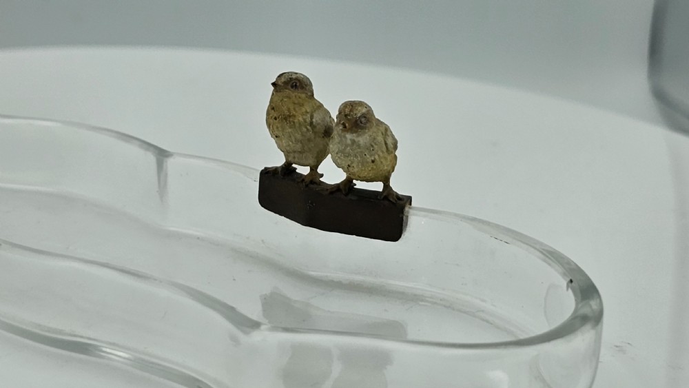 Unusual and Exquisite Cold Painted Bronze Chicks on Crystal Glass Pen Tray c1900 View XIX