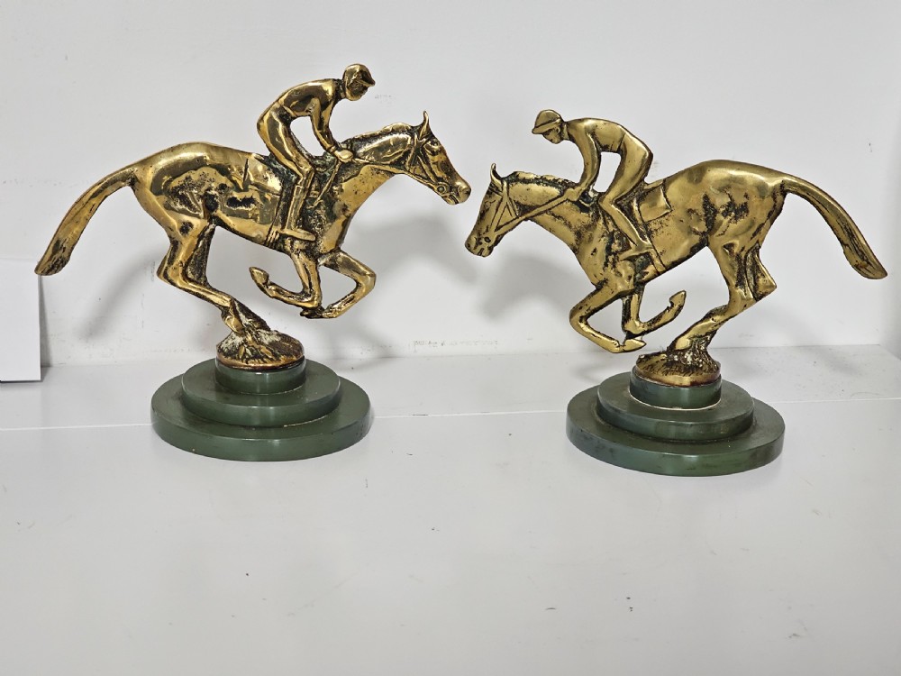 Stylish Art Deco Pair of Brass Jockeys and Horses on Stepped Bakelite Bases, c. 1930s