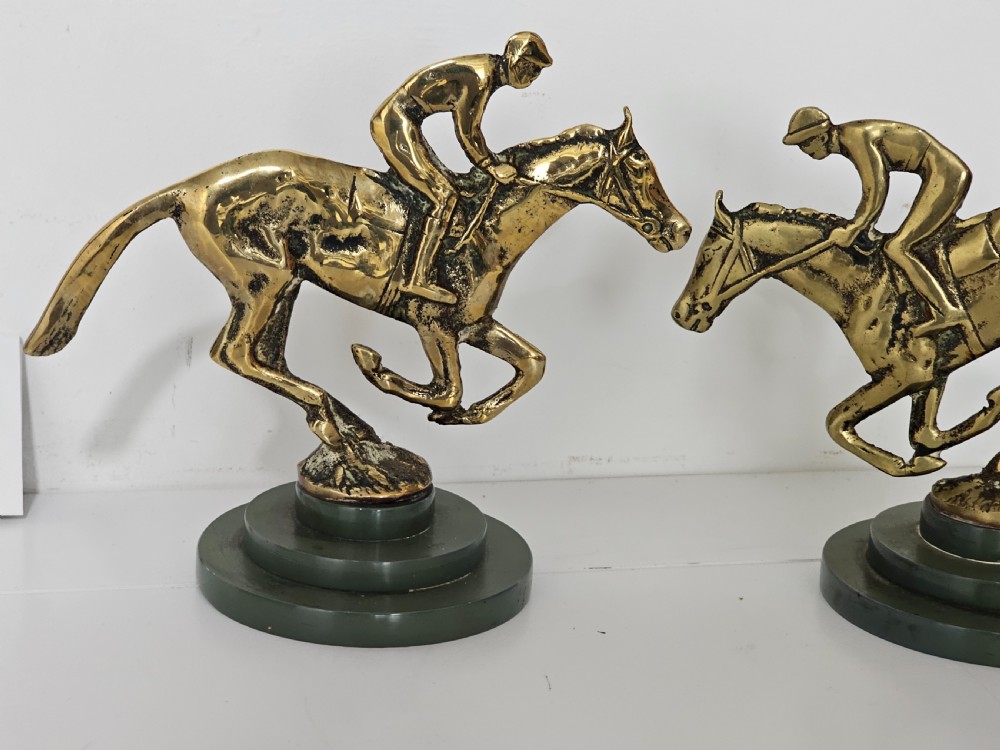 Stylish Art Deco Pair of Brass Jockeys and Horses on Stepped Bakelite Bases, c. 1930s View II