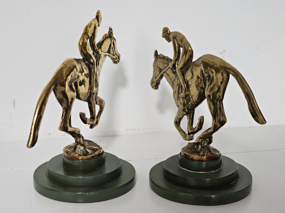 Stylish Art Deco Pair of Brass Jockeys and Horses on Stepped Bakelite Bases, c. 1930s View III