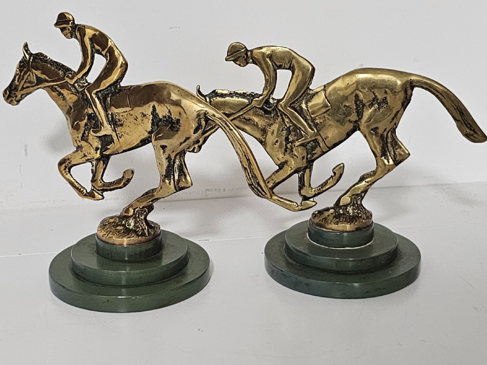 Stylish Art Deco Pair of Brass Jockeys and Horses on Stepped Bakelite Bases, c. 1930s View IV