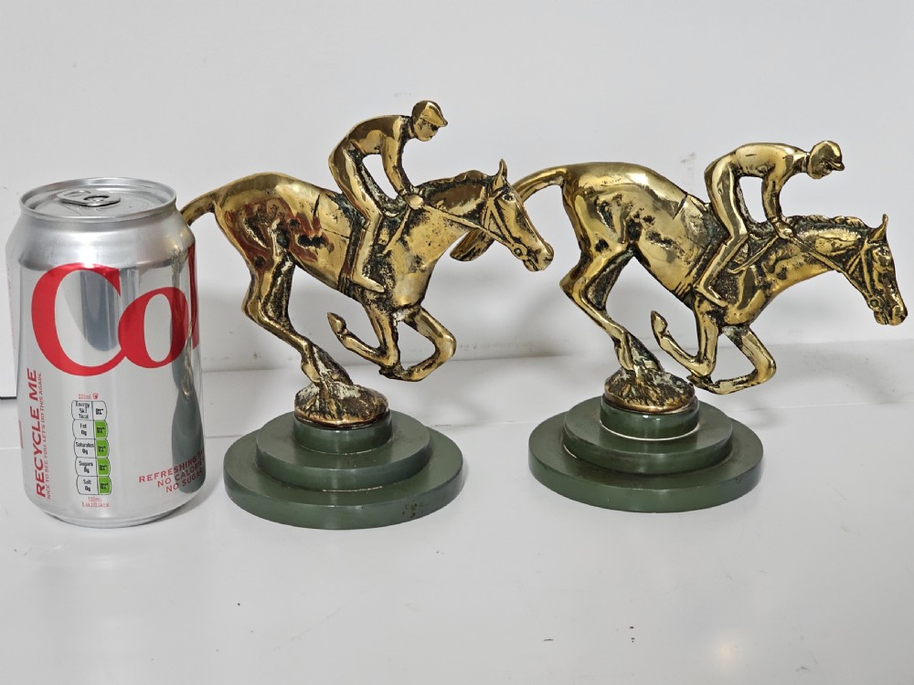 Stylish Art Deco Pair of Brass Jockeys and Horses on Stepped Bakelite Bases, c. 1930s View V