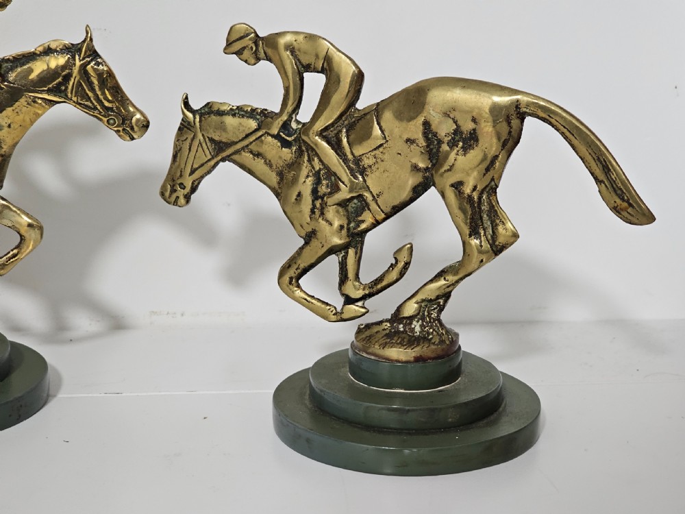 Stylish Art Deco Pair of Brass Jockeys and Horses on Stepped Bakelite Bases, c. 1930s View VI