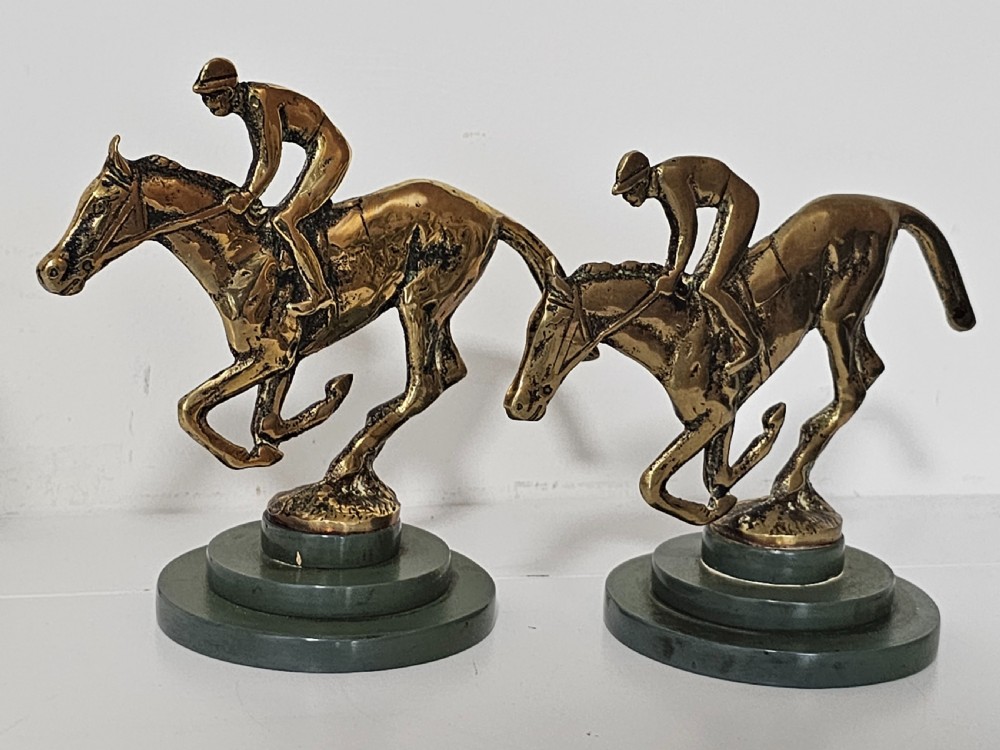 Stylish Art Deco Pair of Brass Jockeys and Horses on Stepped Bakelite Bases, c. 1930s View VIII