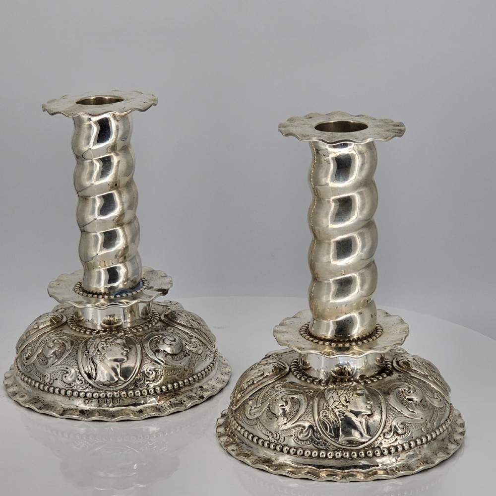 Fabulous 19thc Pair of 16thc Style Solid Silver Candlesticks by Robert Harper C1879 View IV