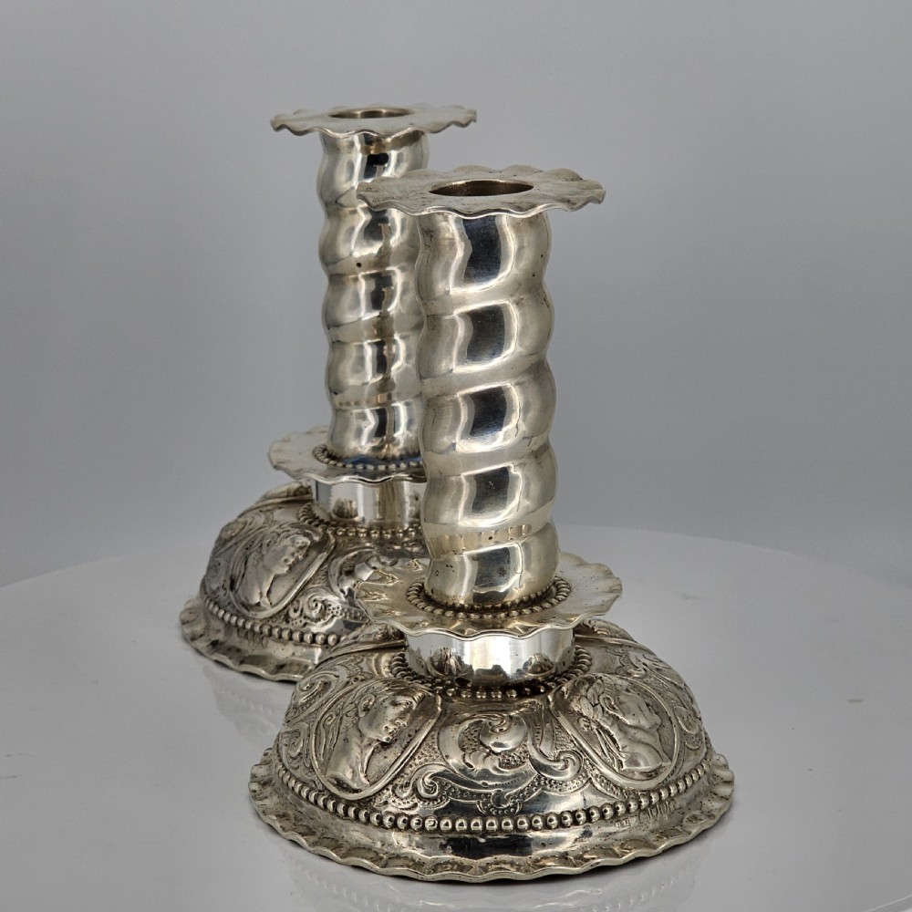 Fabulous 19thc Pair of 16thc Style Solid Silver Candlesticks by Robert Harper C1879 View V