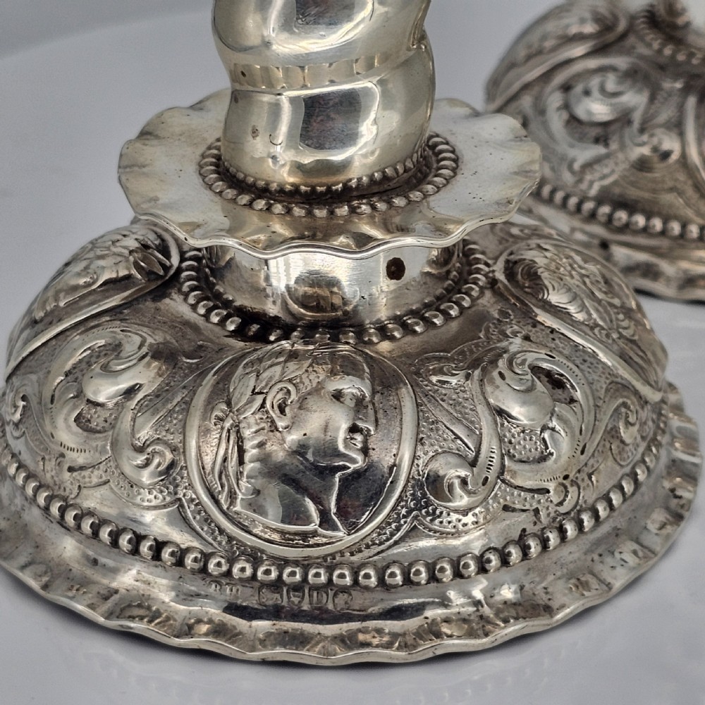 Fabulous 19thc Pair of 16thc Style Solid Silver Candlesticks by Robert Harper C1879 View XV