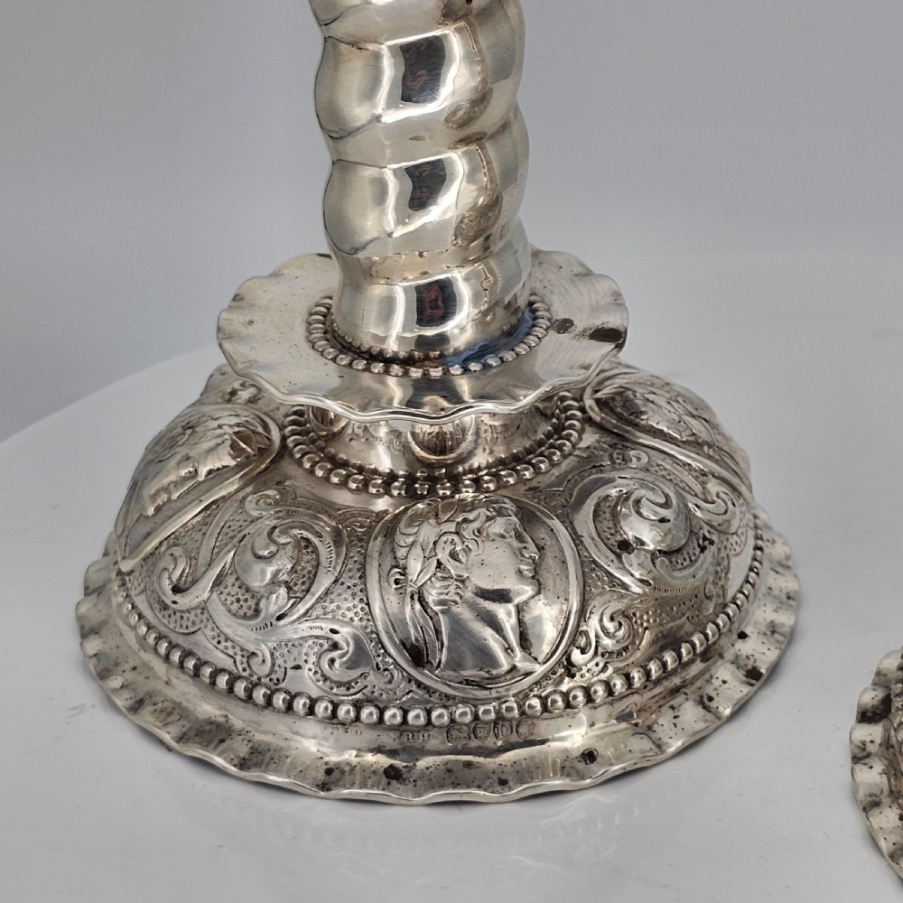 Fabulous 19thc Pair of 16thc Style Solid Silver Candlesticks by Robert Harper C1879 View XXVIII