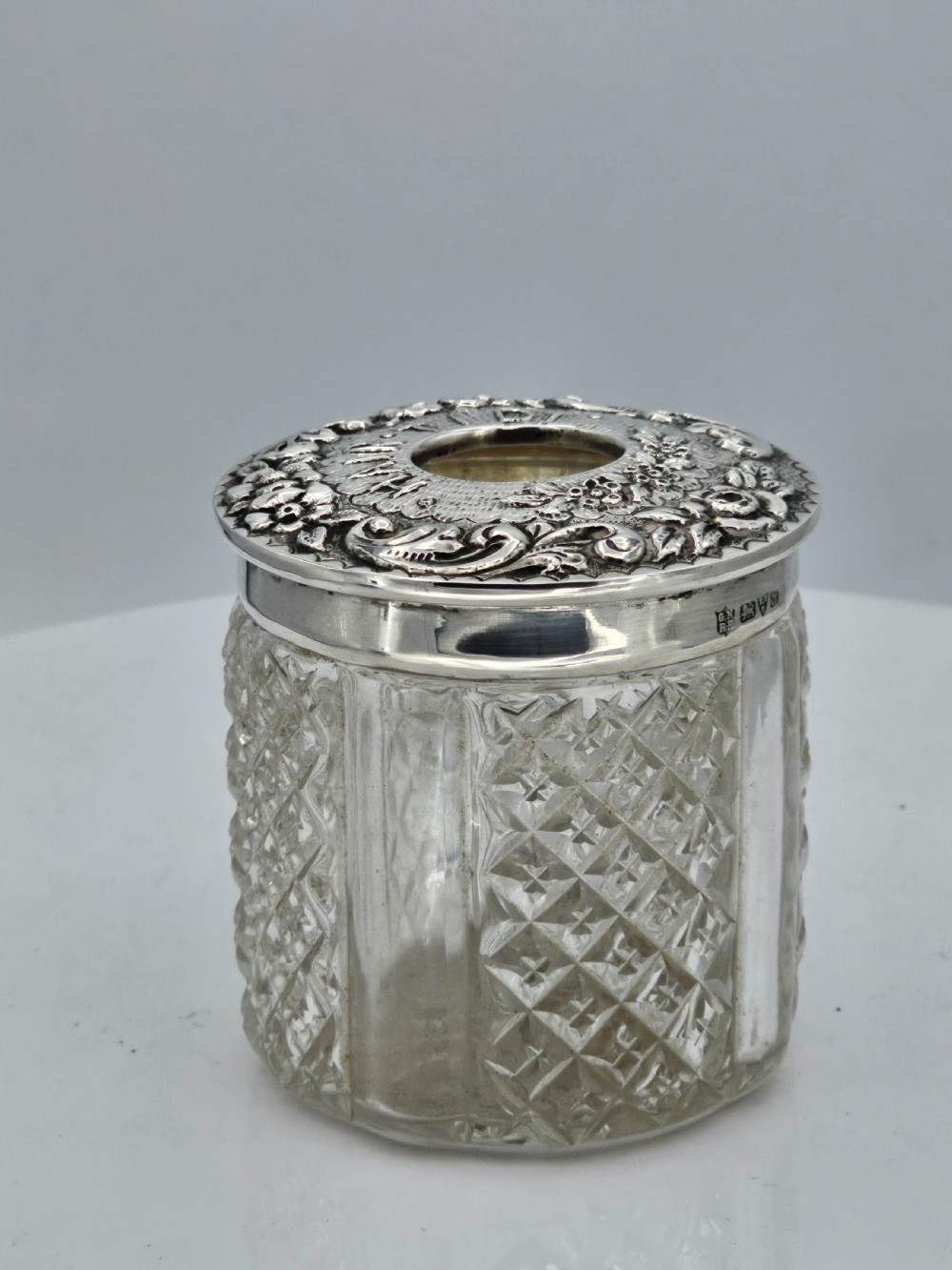 Delightful Silver Top & Cut Glass Large 'Hair Tidy' View II