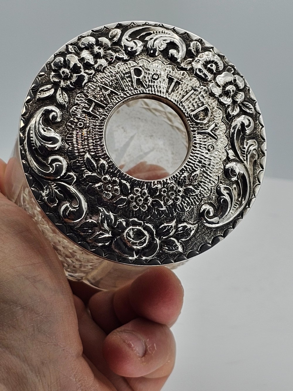 Delightful Silver Top & Cut Glass Large 'Hair Tidy' View X
